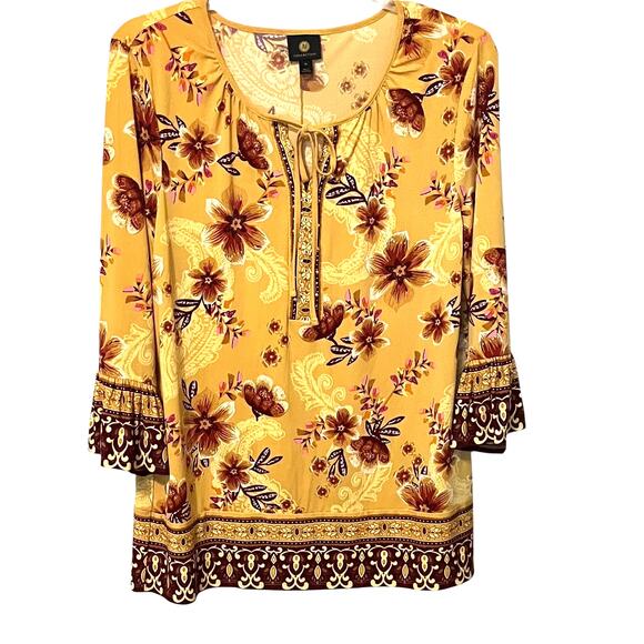 JM COLLECTION LONG BELL SLV PULL-OVER TUNIC BLOUSE, WOMENS-XL-YELLOW-PINK FLORAL - Picture 1 of 12